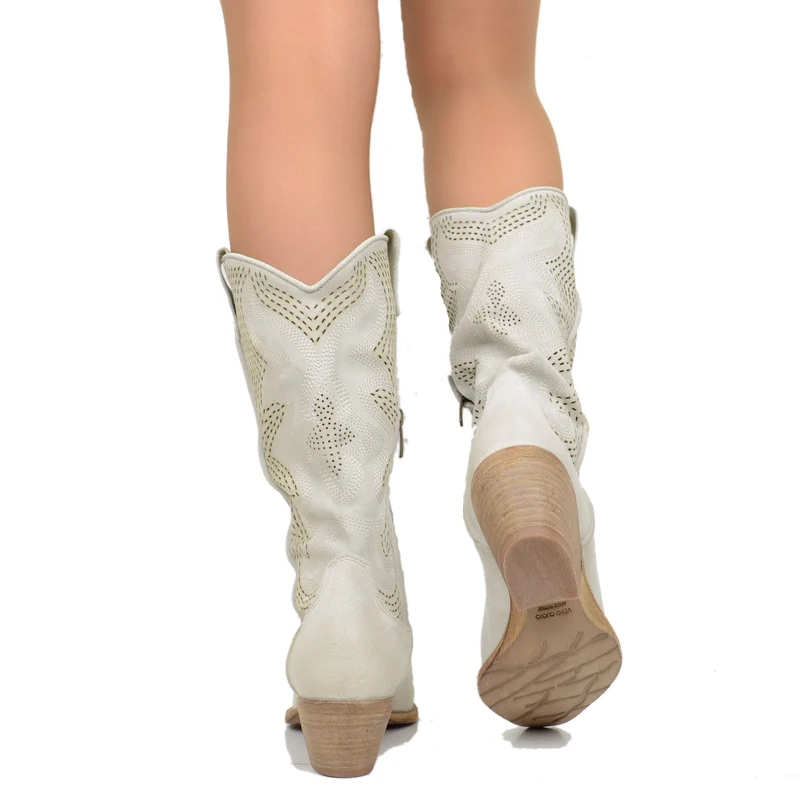 Stivali Texani Traforati in Pelle Scamosciata Offwhite con Zip