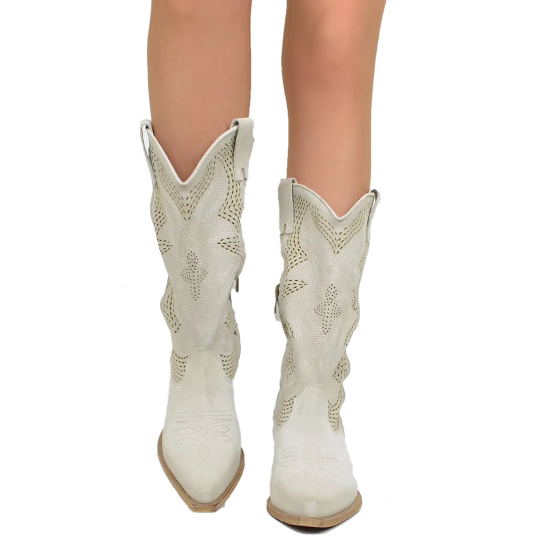 Stivali Texani Traforati in Pelle Scamosciata Offwhite con Zip