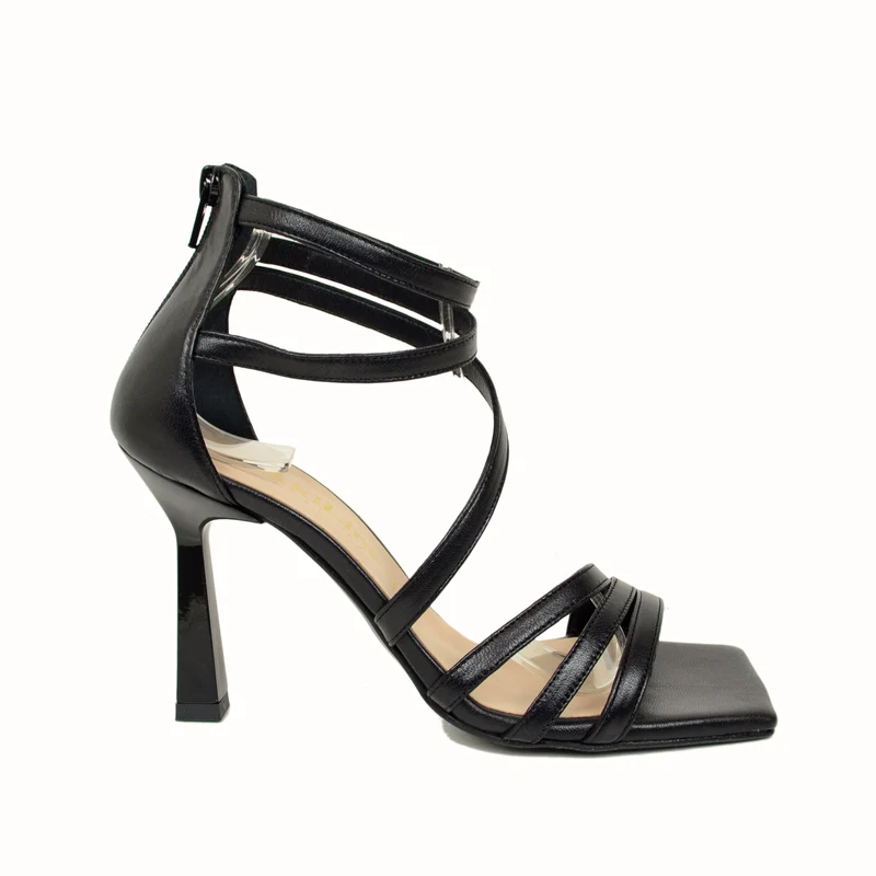 Sandali Donna Neri Punta Squadrata con Tacco Alto Made in Italy