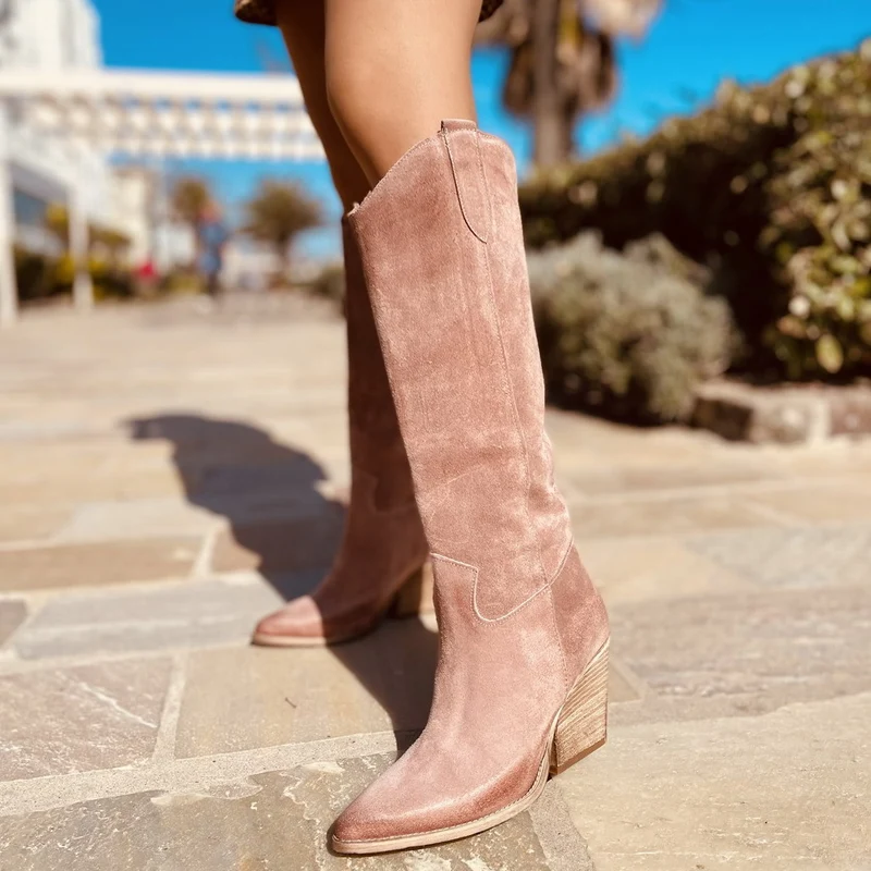 Stivali Texani Donna Alti in Pelle Scamosciata Cipria Made in Italy