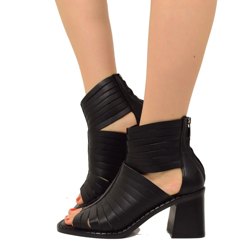 Sandali Donna Neri Spuntati con Fasce in Pelle Made in Italy