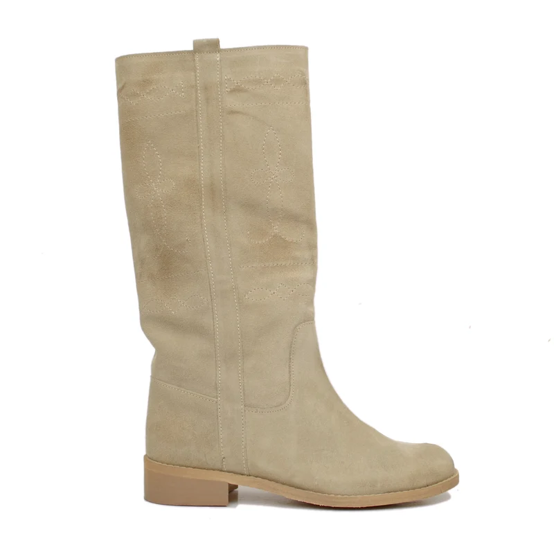 Stivali Camperos Donna Scamosciati Beige con Ricami Made in Italy