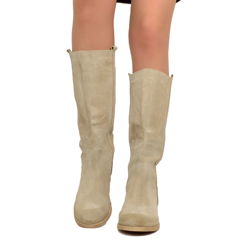 Stivali Camperos Donna Scamosciati Beige con Ricami Made in Italy