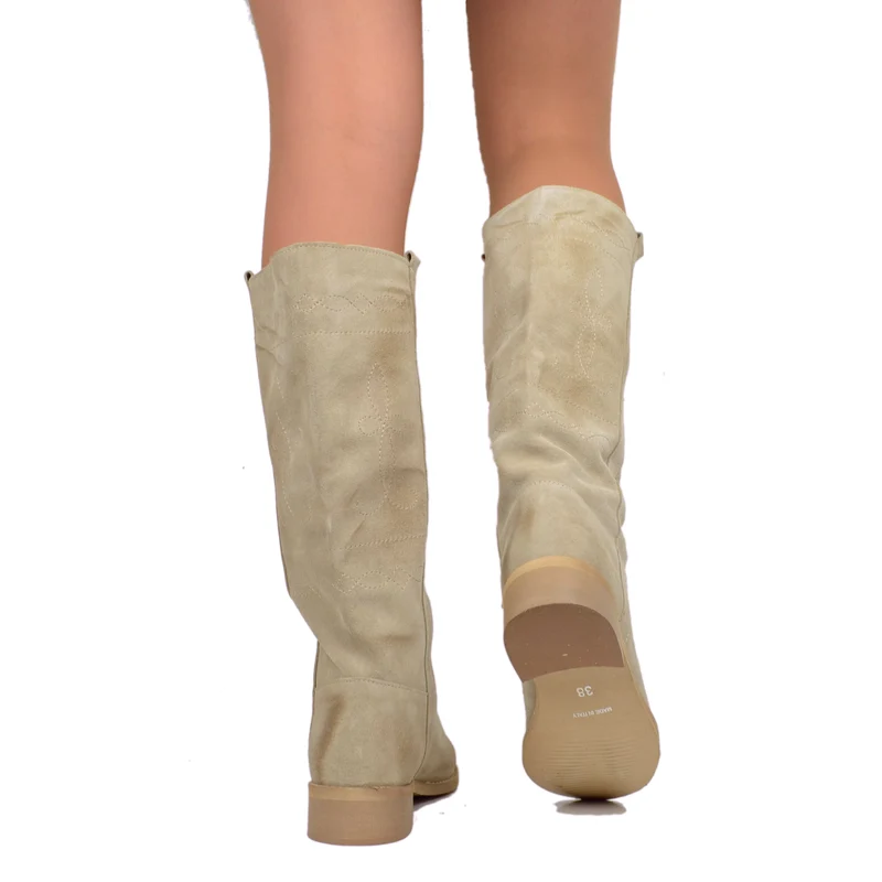 Stivali Camperos Donna Scamosciati Beige con Ricami Made in Italy