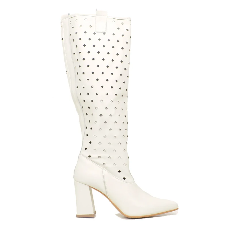 Stivali Estivi Traforati Alti Offwhite in Pelle Made in Italy