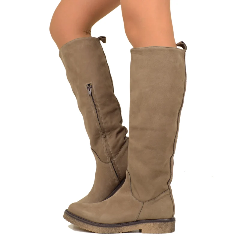 Stivali Donna Camperos Taupe in Pelle Nabuk con Zip Made in Italy