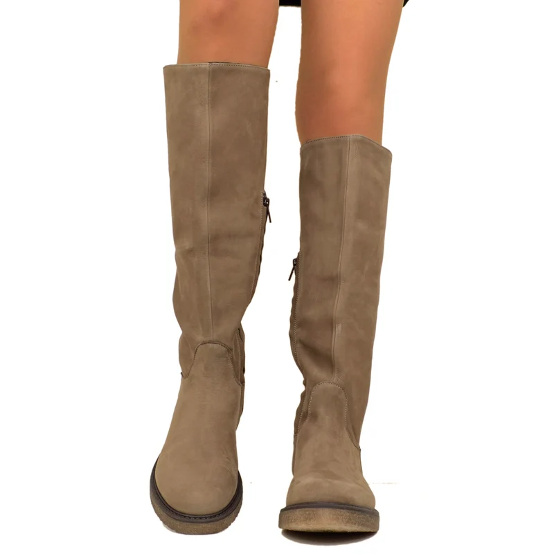 Stivali Donna Camperos Taupe in Pelle Nabuk con Zip Made in Italy