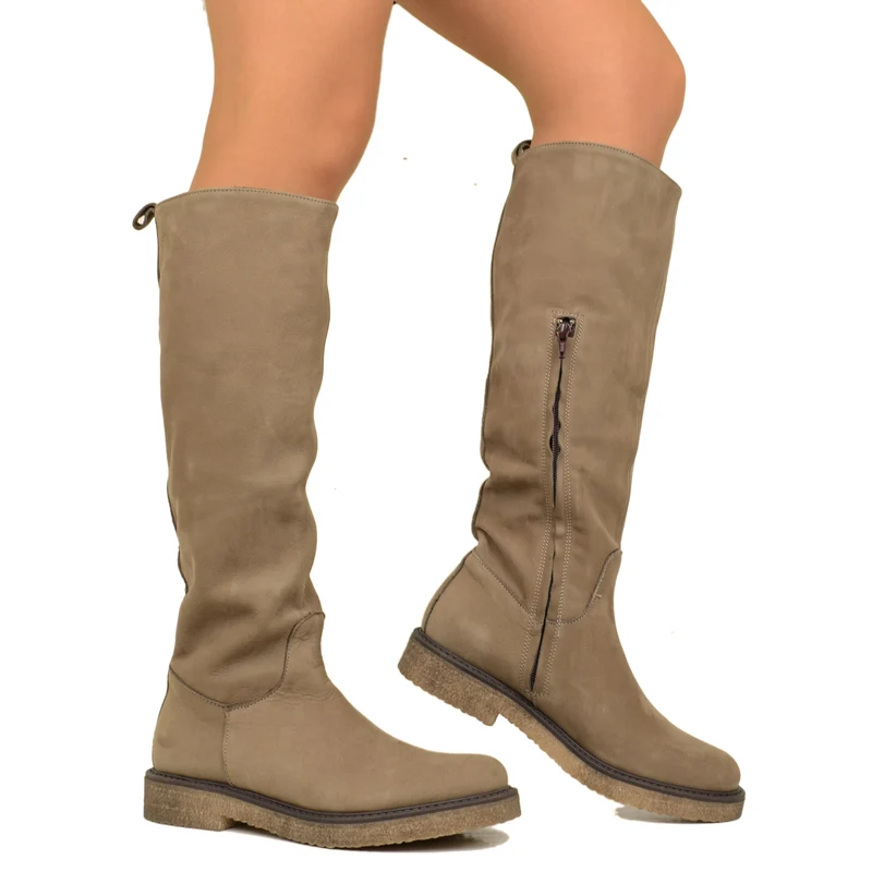 Stivali Donna Camperos Taupe in Pelle Nabuk con Zip Made in Italy