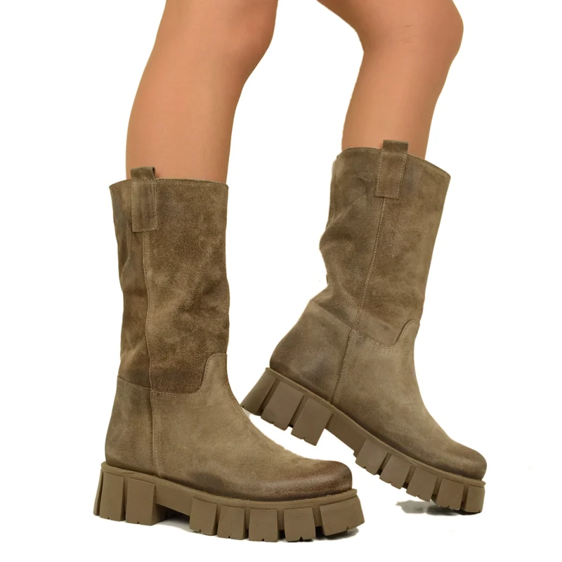Stivali Biker in Pelle Scamosciata Taupe Made in Italy