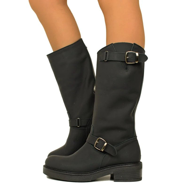 Stivali Biker Donna Neri in Pelle con Fibbie Regolabili