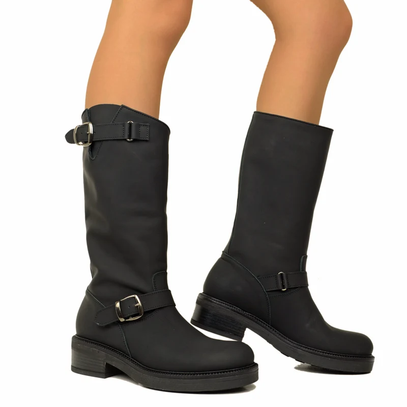 Stivali Biker Donna Neri in Pelle con Fibbie Regolabili