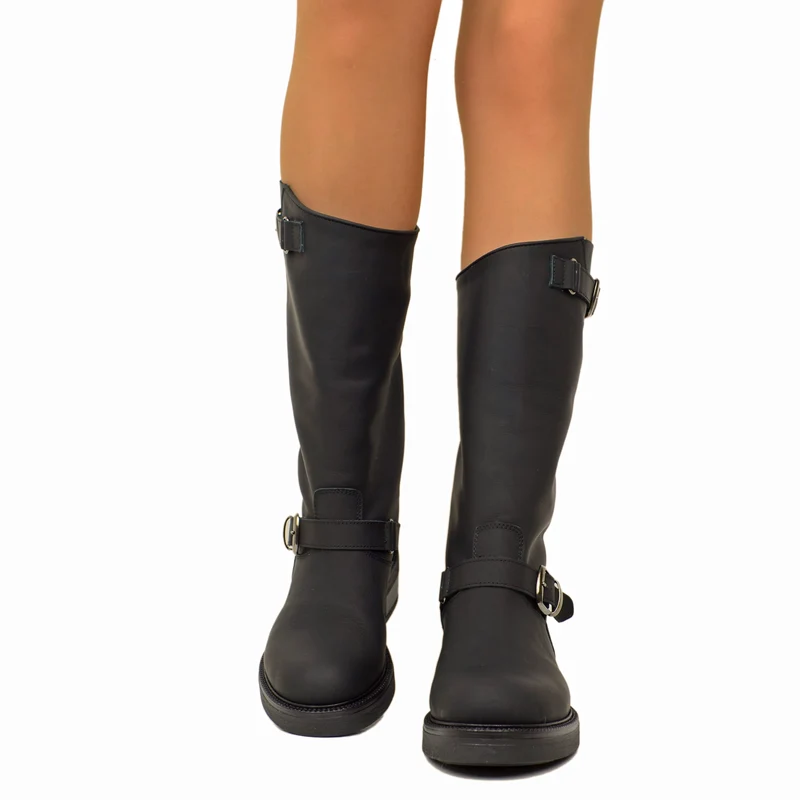 Stivali Biker Donna Neri in Pelle con Fibbie Regolabili