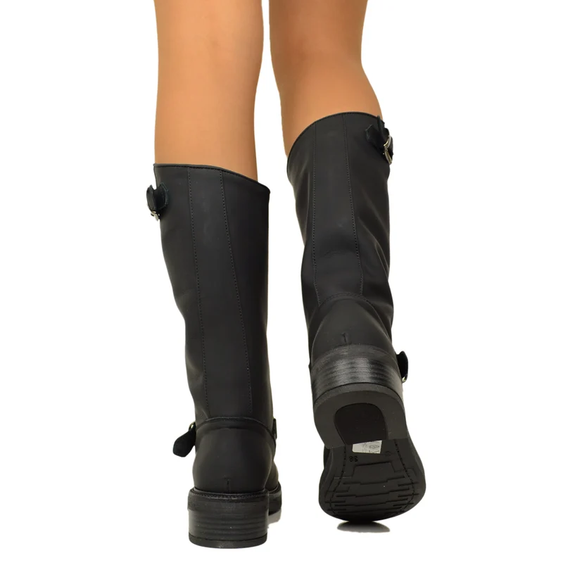 Stivali Biker Donna Neri in Pelle con Fibbie Regolabili