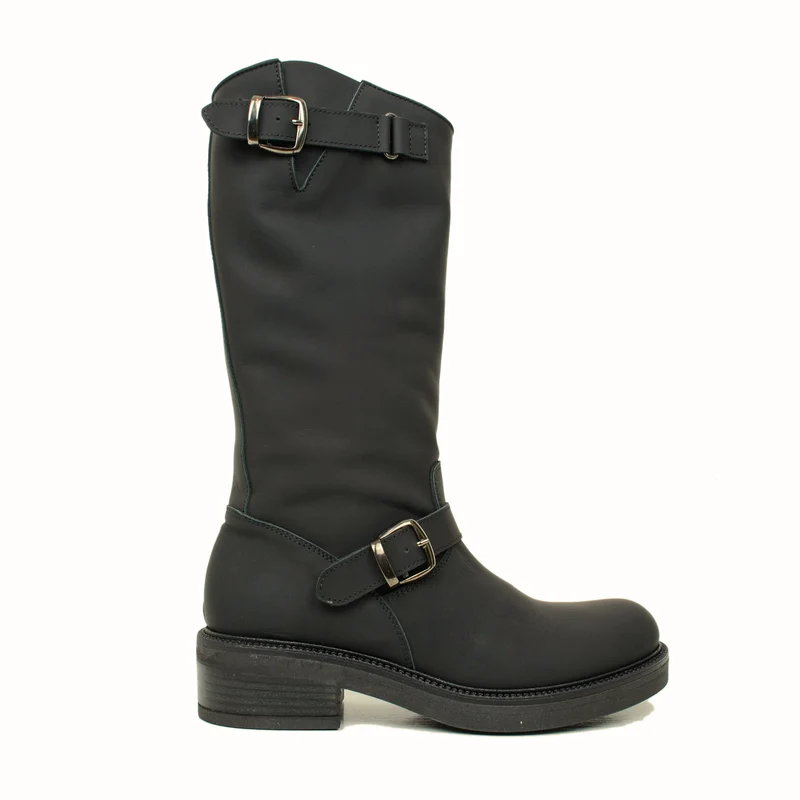 Stivali Biker Donna Neri in Pelle con Fibbie Regolabili