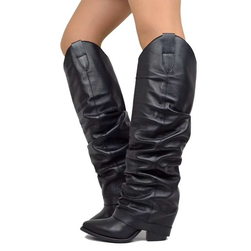Stivali Texani Alti Neri con Ghetta in Pelle Made in Italy