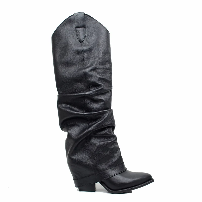 Stivali Texani Alti Neri con Ghetta in Pelle Made in Italy