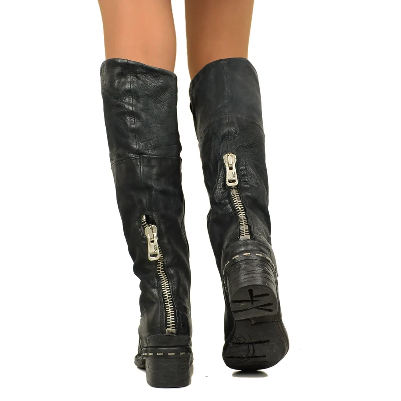 Stivali Biker Donna Alti in Pelle Neri A.S.98 con Zip