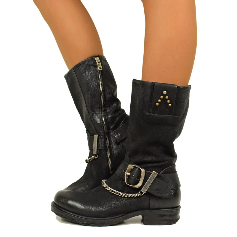 Stivali Donna Biker in Pelle Bottalata Neri A.S.98 Catena e Zip