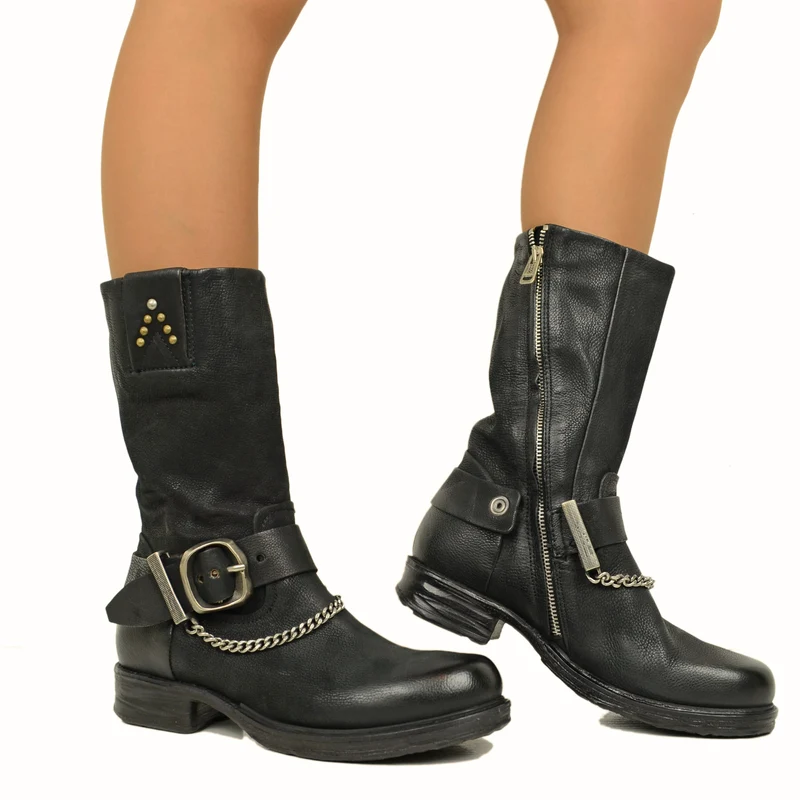 Stivali Donna Biker in Pelle Bottalata Neri A.S.98 Catena e Zip