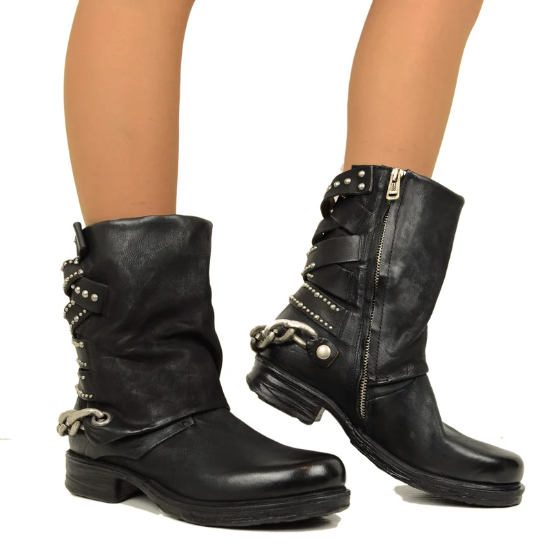 Stivali Donna Biker Neri A.S.98 in Pelle con Borchie e Zip