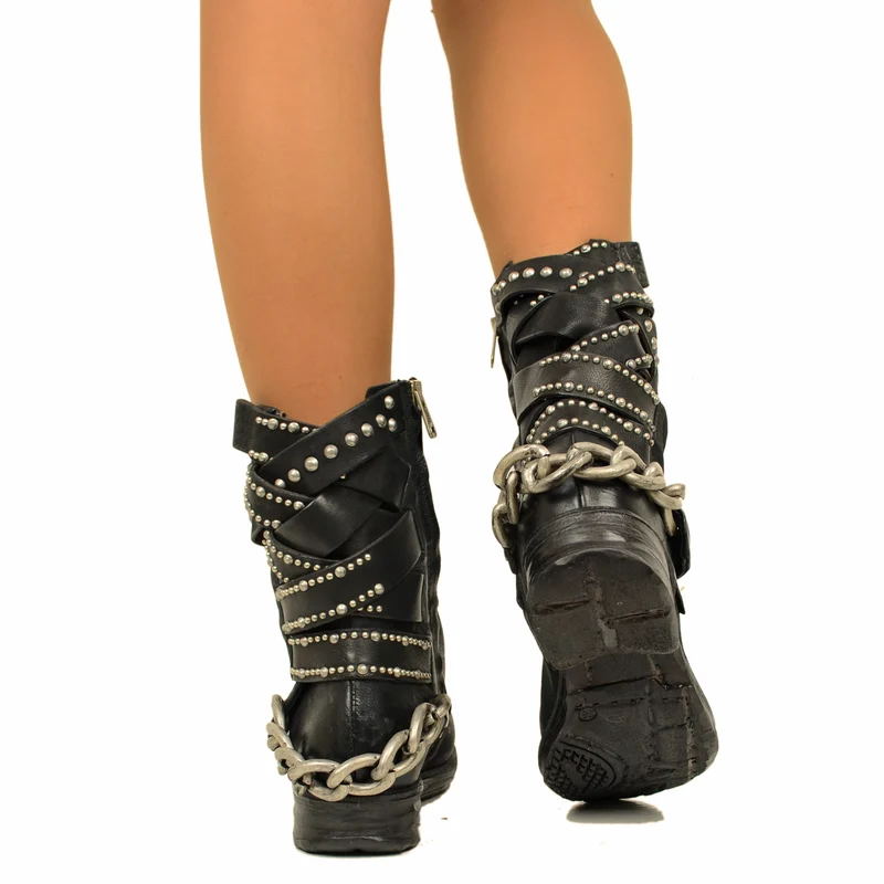 Stivali Donna Biker Neri A.S.98 in Pelle con Borchie e Zip