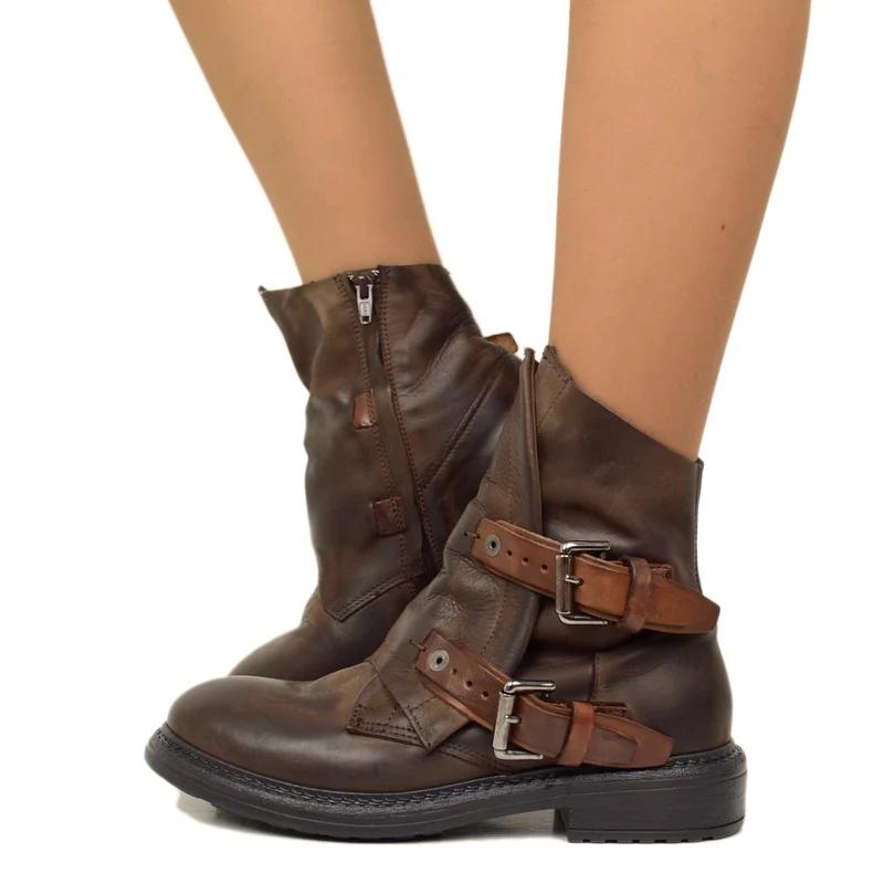 Stivaletti Donna Biker in Pelle Testa di Moro con Fibbie