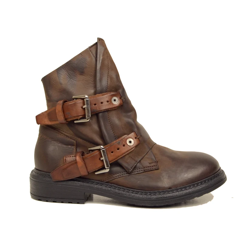 Stivaletti Donna Biker in Pelle Testa di Moro con Fibbie