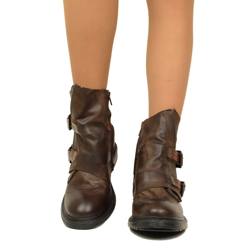 Stivaletti Donna Biker in Pelle Testa di Moro con Fibbie
