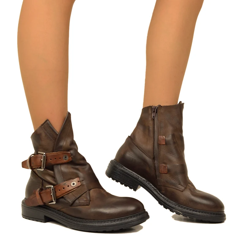 Stivaletti Donna Biker in Pelle Testa di Moro con Fibbie
