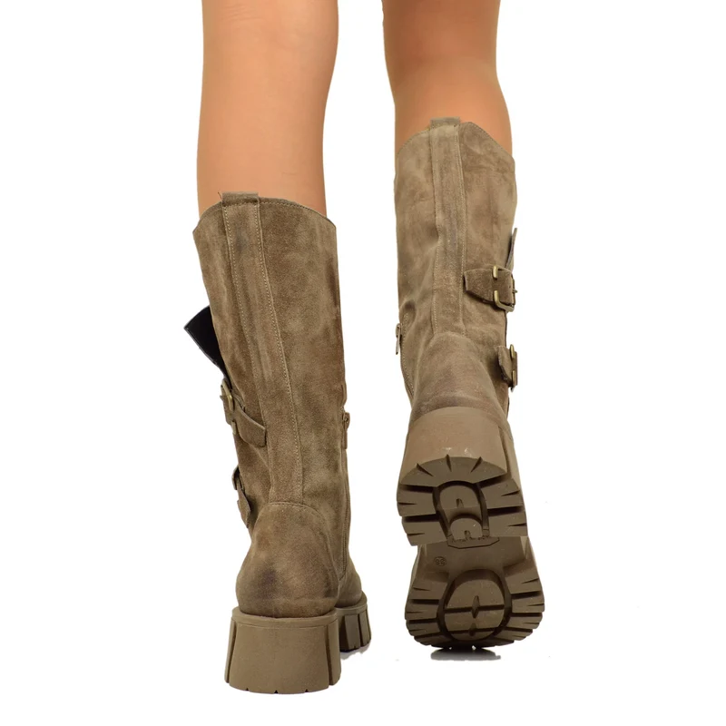 Stivali Donna Biker in Pelle Scamosciata Taupe con Fondo Platform