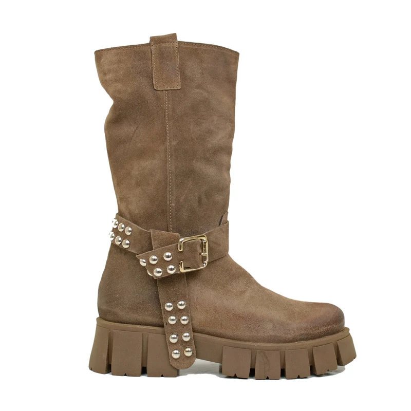 Stivali Biker in Pelle Scamosciata Taupe con Fibbia e Borchie