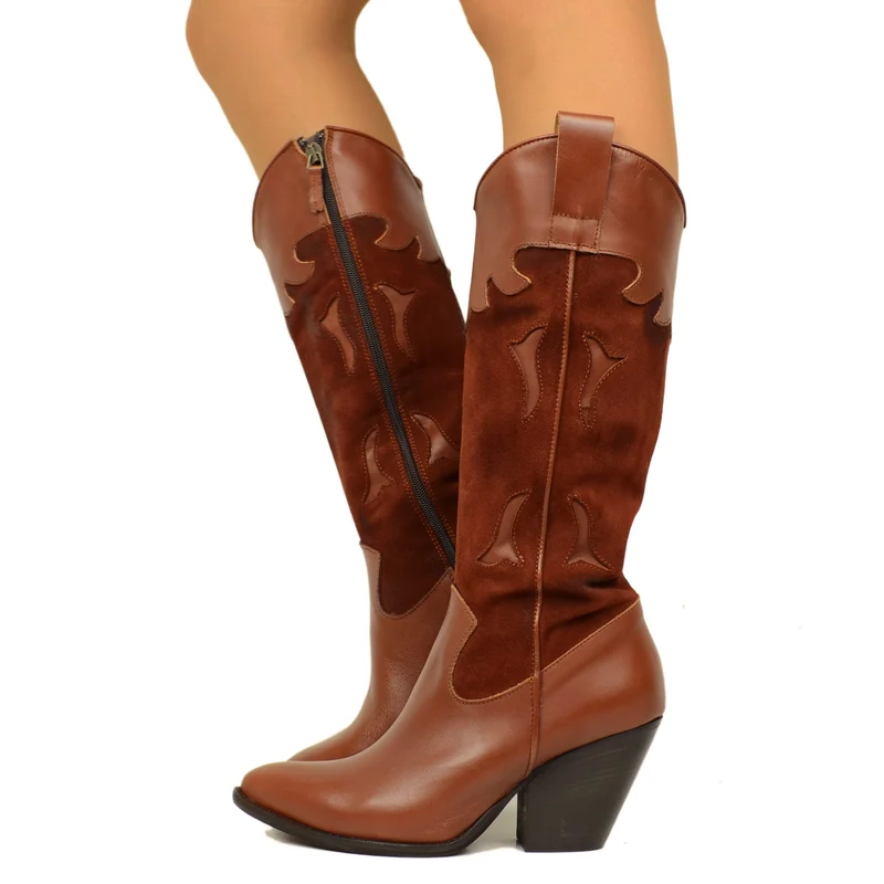 Stivali Texani Donna Marroni in Pelle con Gambale Scamosciato