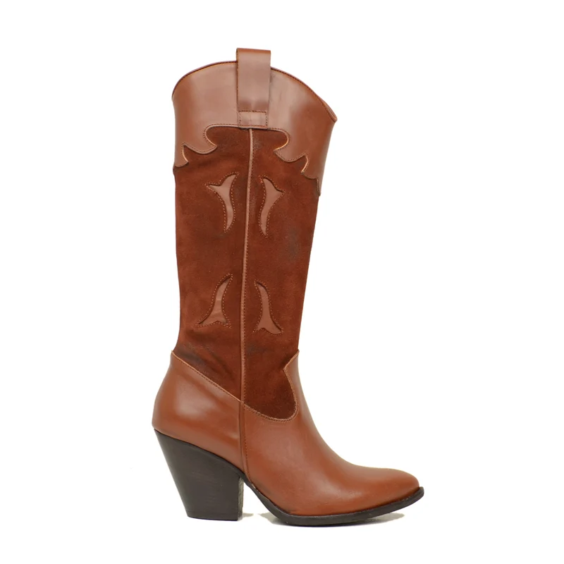 Stivali Texani Donna Marroni in Pelle con Gambale Scamosciato