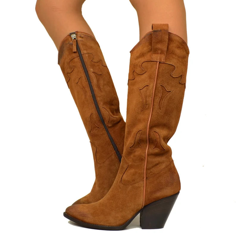 Stivali Texani Donna Marroni con Zip Laterale Made in Italy