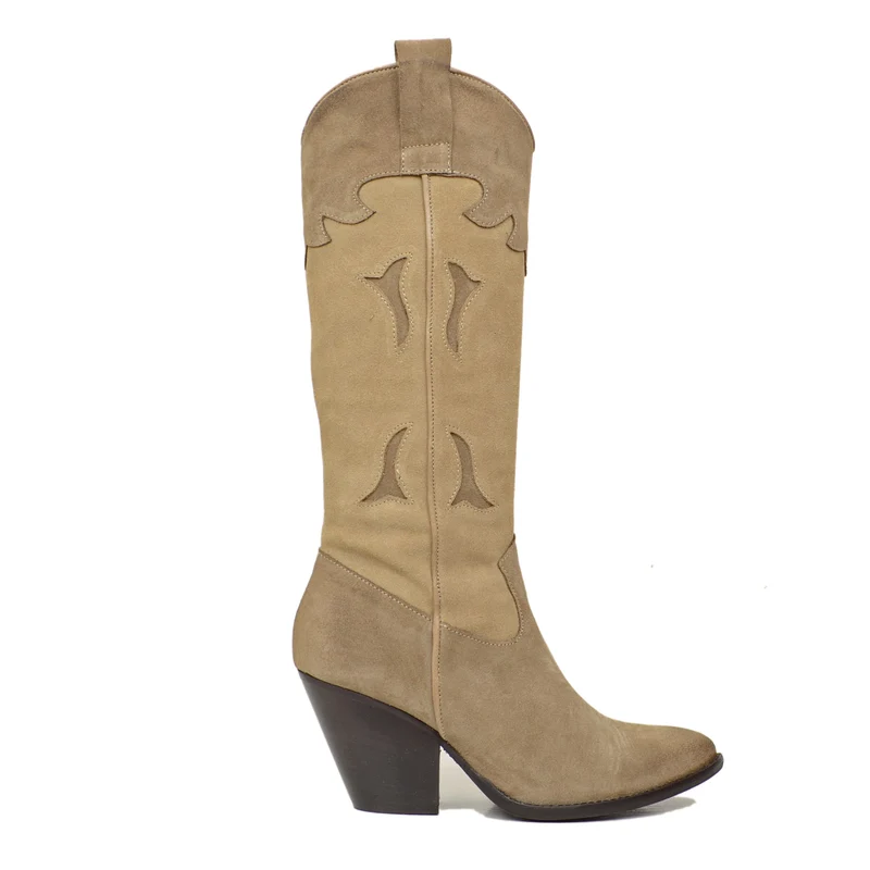 Stivali Texani Scamosciati Beige con Zip Laterale Made in Italy