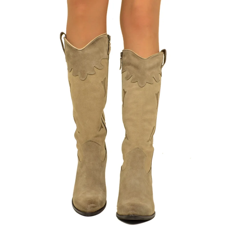 Stivali Texani Scamosciati Beige con Zip Laterale Made in Italy