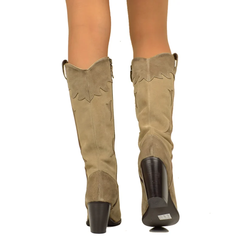 Stivali Texani Scamosciati Beige con Zip Laterale Made in Italy