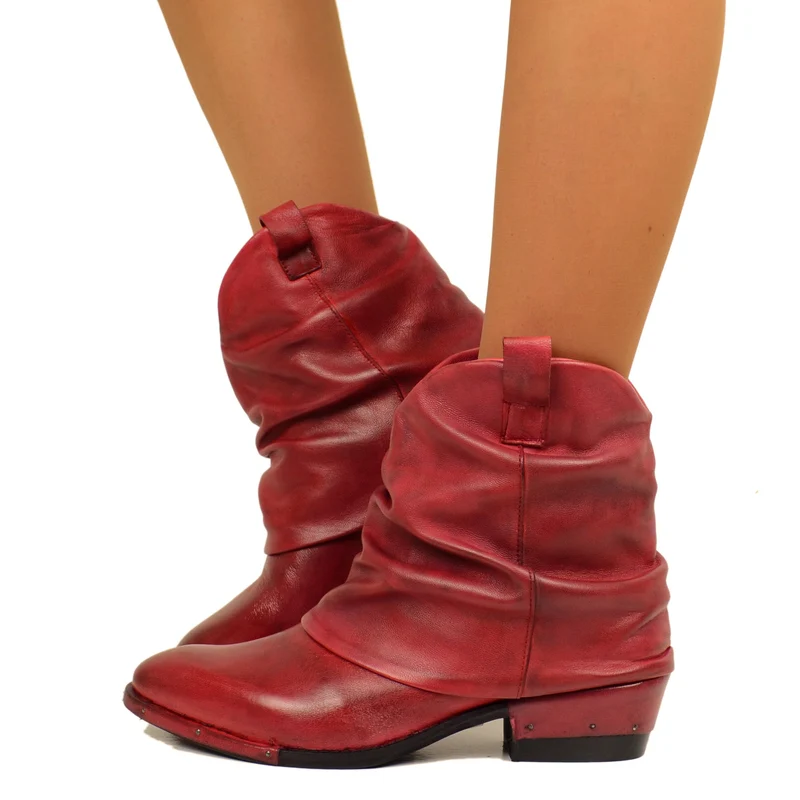 Stivaletti Texani Rossi con Ghetta in Pelle Made in Italy