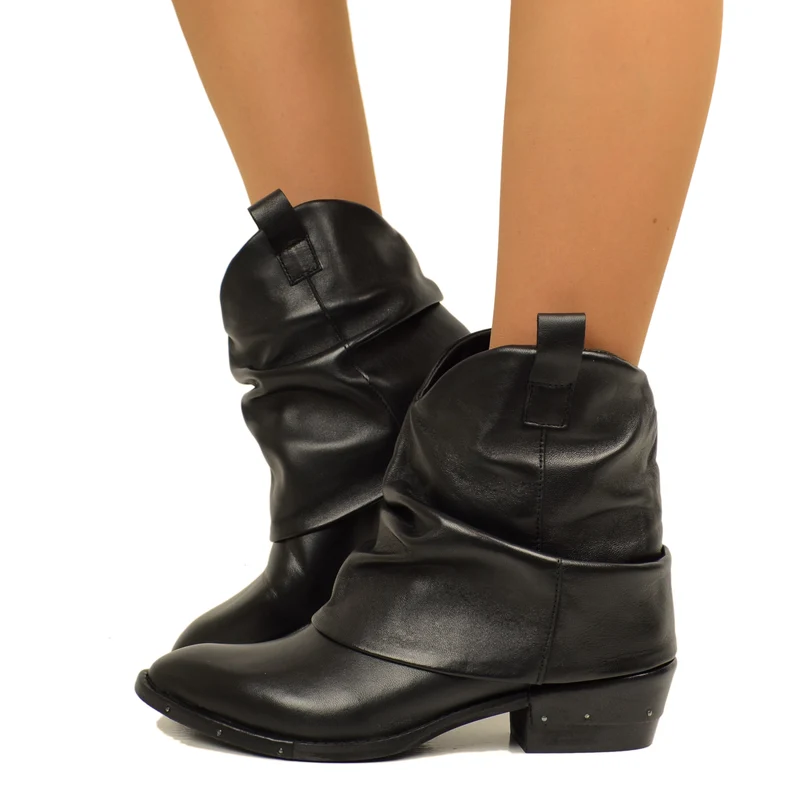Stivaletti Texani Neri con Ghetta in Pelle Made in Italy