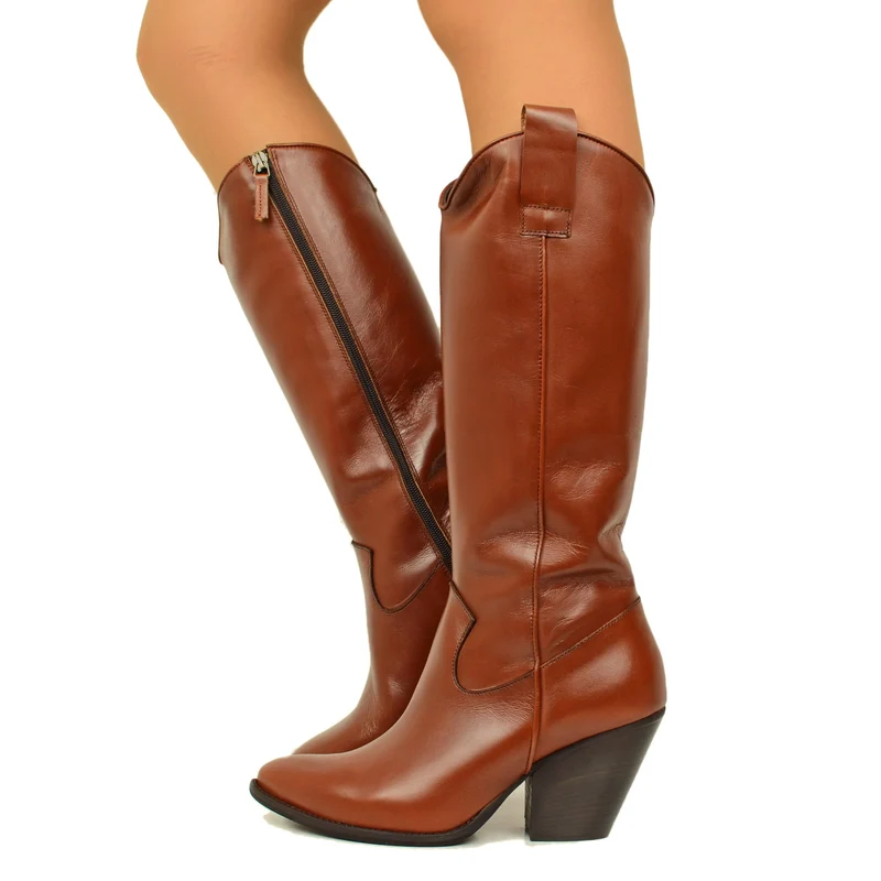 Stivali Texani Donna Cuoio Alti in Pelle con Zip Made in Italy