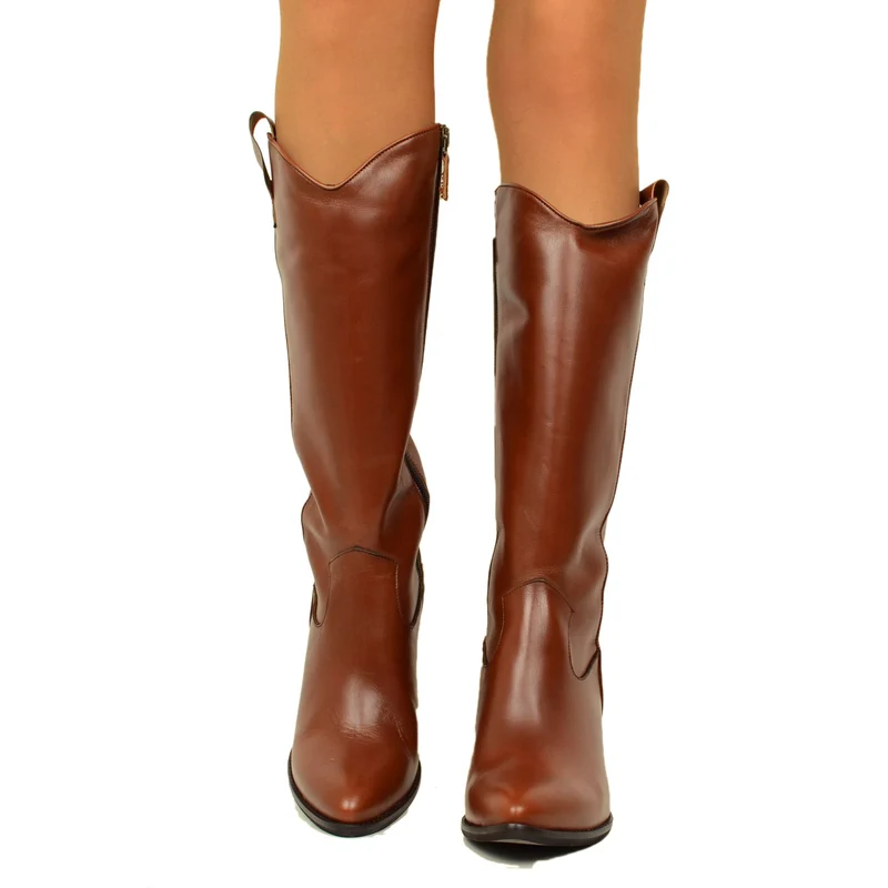 Stivali Texani Donna Cuoio Alti in Pelle con Zip Made in Italy