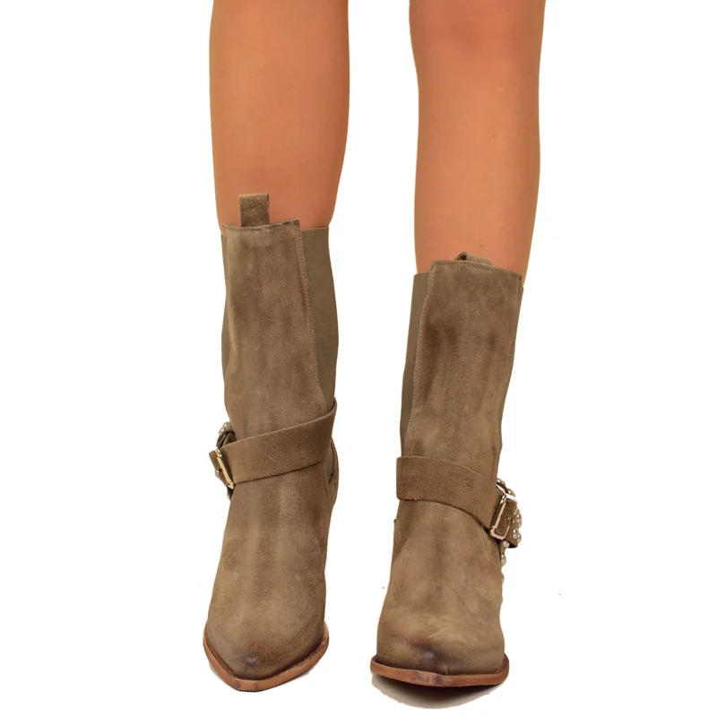 Stivali Texani Scamosciati color Taupe con Inserti Elasticizzati
