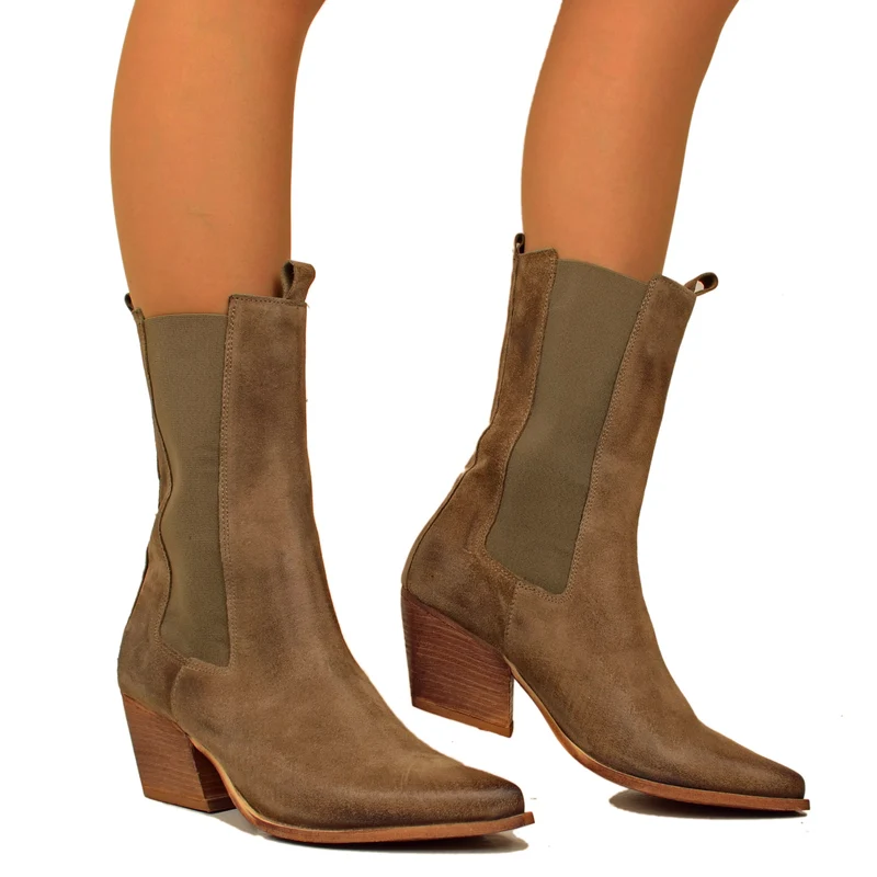 Stivali Texani Scamosciati color Taupe con Inserti Elasticizzati