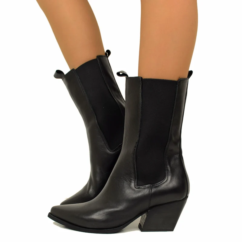 Stivali Texani Donna in Pelle Neri con Inserti Elasticizzati