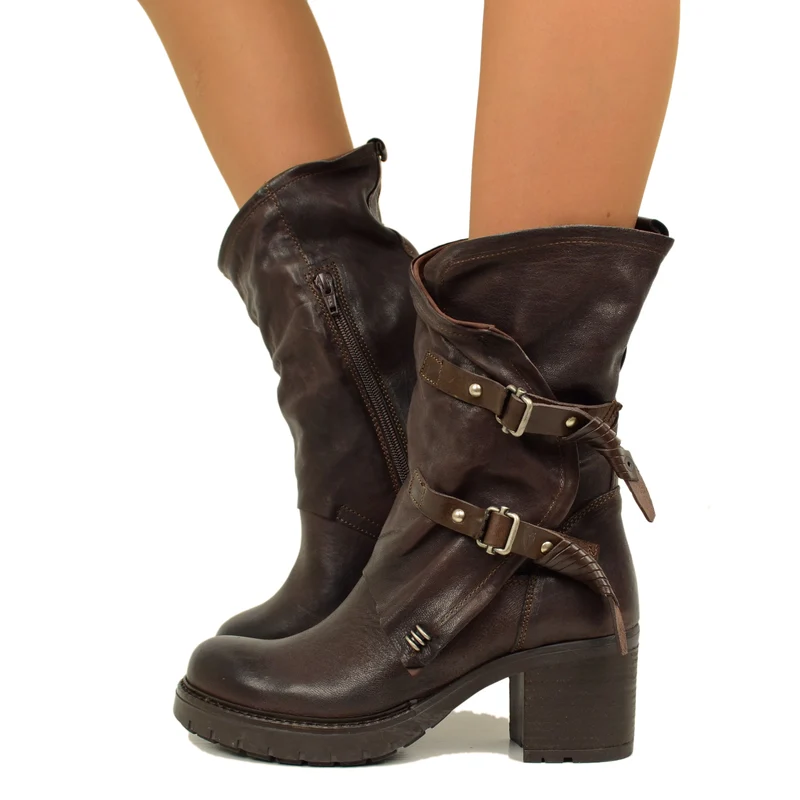 Stivali Donna Biker Testa di Moro in Pelle Vintage Made in Italy