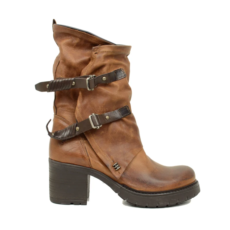 Stivali Donna Biker Marroni in Pelle Vintage Made in Italy
