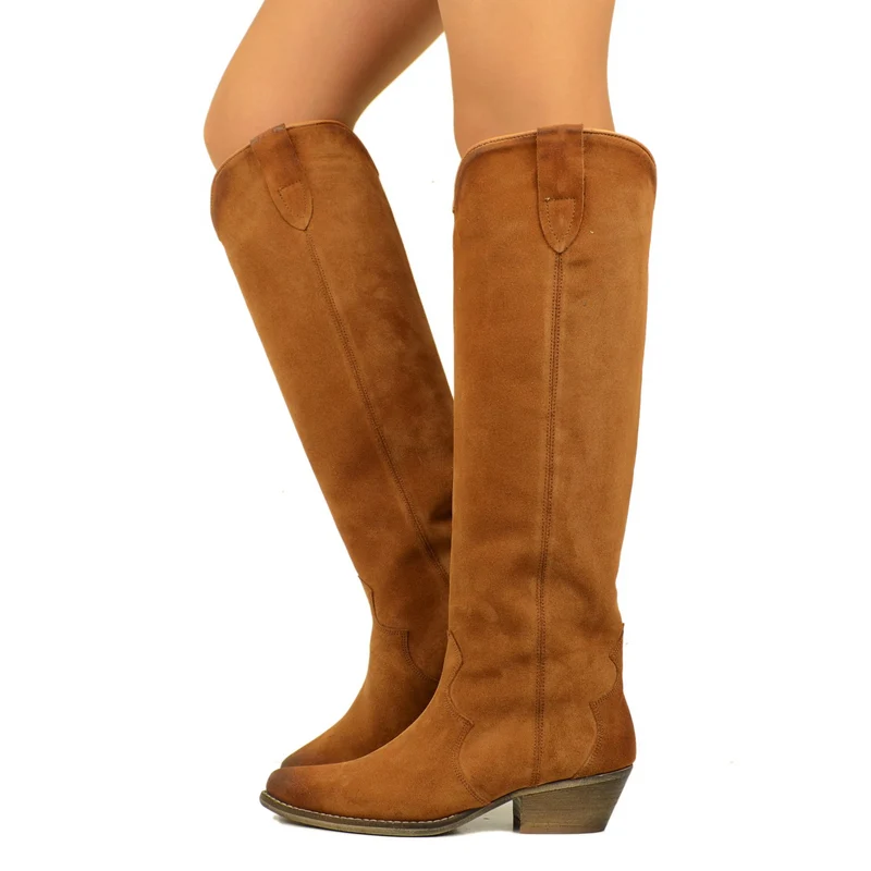 Stivali Texani Donna Cuoio in Pelle Scamosciata Made in Italy