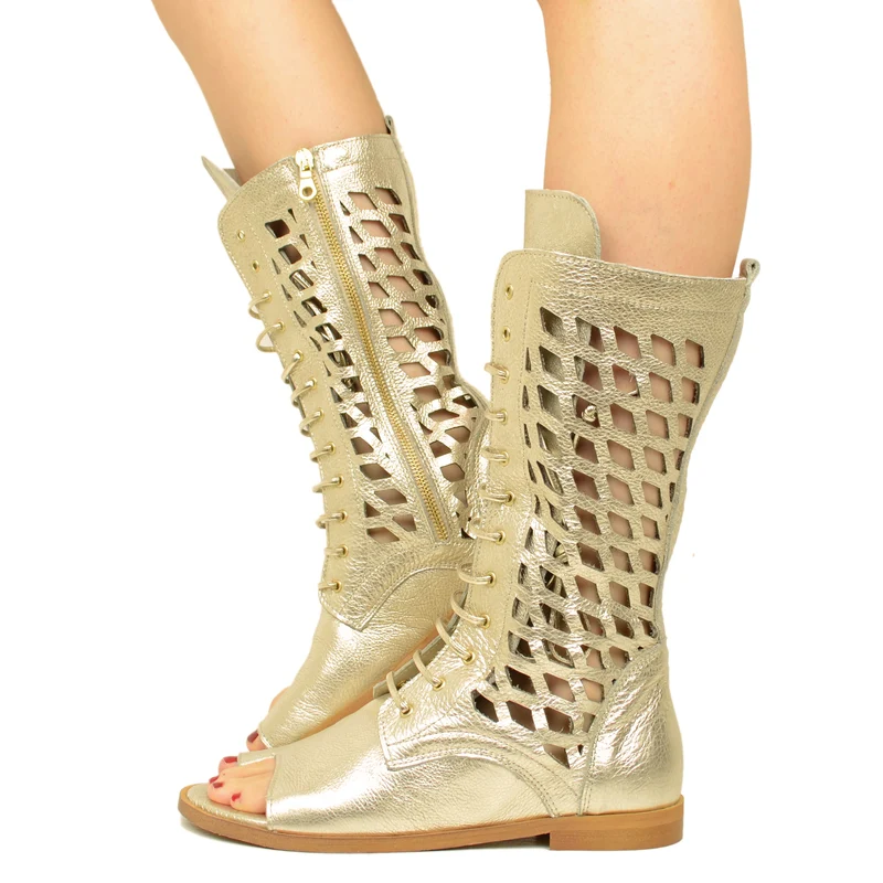 Sandali a Stivaletto Infradito Platino in Pelle Traforata con Zip