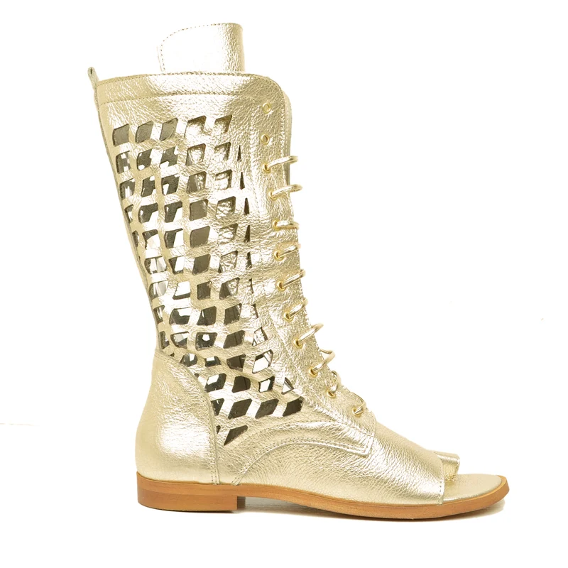 Sandali a Stivaletto Infradito Platino in Pelle Traforata con Zip