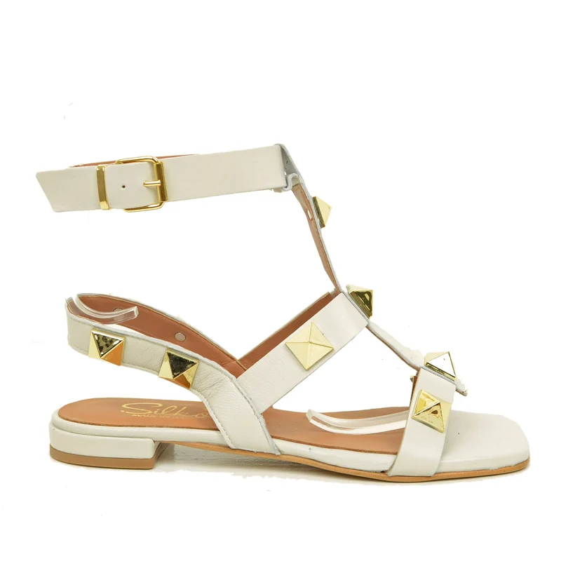 Sandali Donna con Borchie Piramidali in Pelle Bianchi